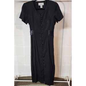 Vintage Sophia Rose Black Maxi‎ Dress Petite 12P Satin Button Front Short Sleeve